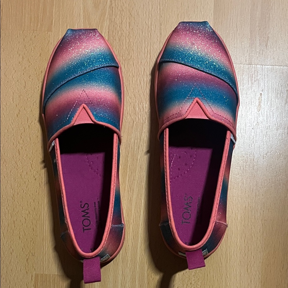 TOMS Pink and Blue Glitter Slip-Ons